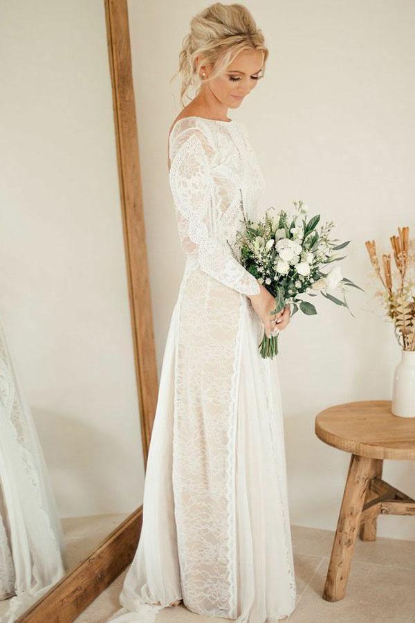 Robe de mariée fourreau en mousseline de soie à manches longues et dos nu, ornée de dentelle, modèle WD400