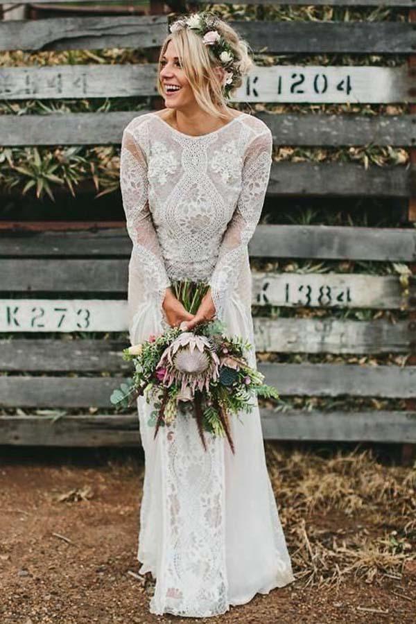 Robe de mariée fourreau en mousseline de soie à manches longues et dos nu, ornée de dentelle, modèle WD400