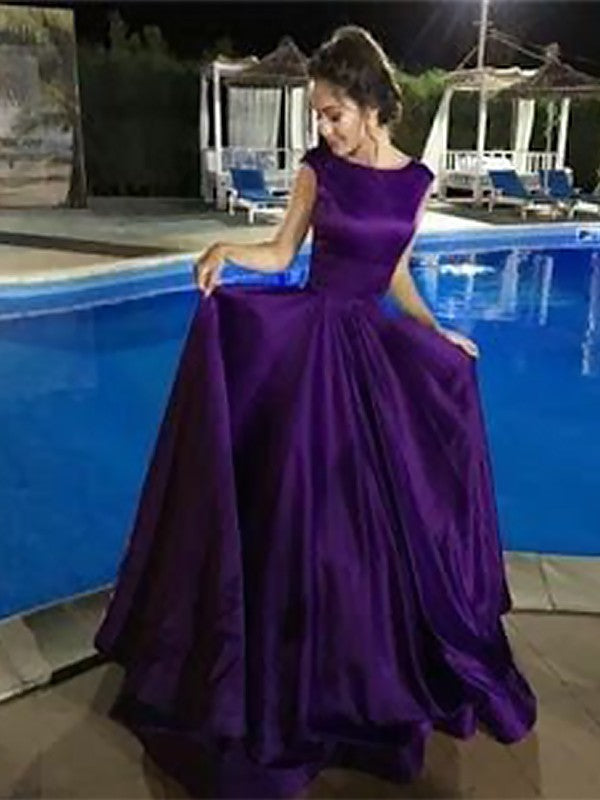Vestidos de graduación de satén, corte barco, sin mangas, hasta el suelo, con volantes, estilo línea A.