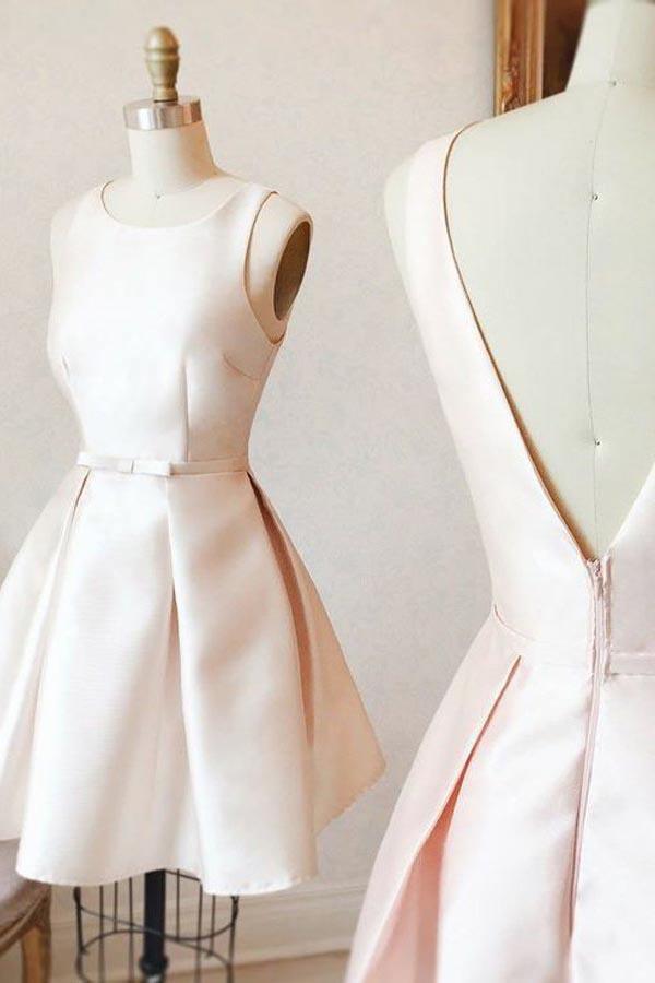 Vestido corto de fiesta de bienvenida, corte A, escote barco, espalda en V, satén rosa perla, con fajín PD140
