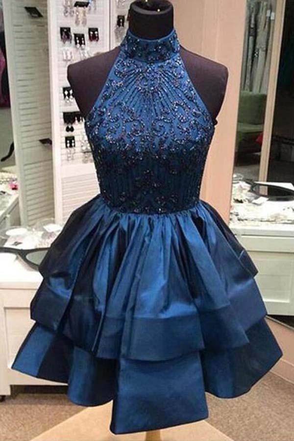 Vestido corto de fiesta de graduación con escote halter y cuentas, corte en A, de satén, PG166