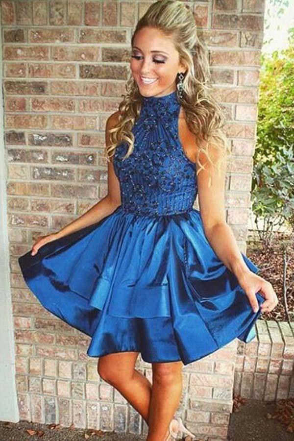 Vestido corto de fiesta de graduación con escote halter y cuentas, corte en A, de satén, PG166