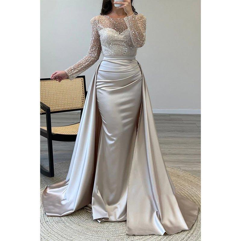 Vestido de noche de fiesta de satén sin tirantes, corte en A, con cuentas y efecto ilusión, mangas largas. 