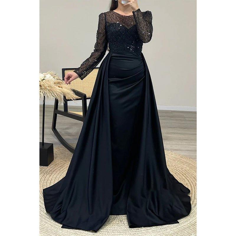 Vestido de noche de fiesta de satén sin tirantes, corte en A, con cuentas y efecto ilusión, mangas largas. 
