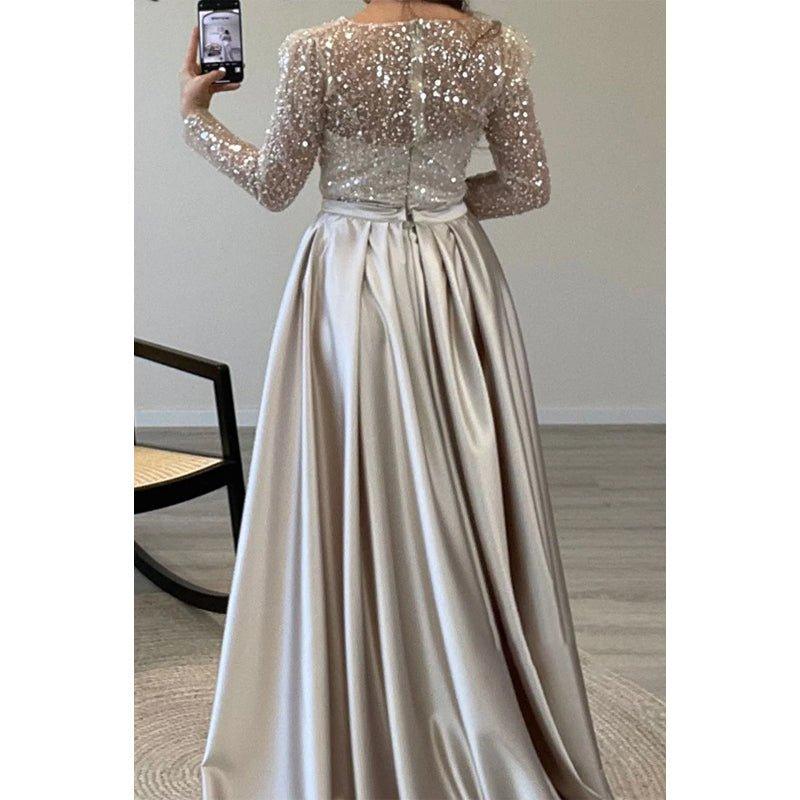 Vestido de noche de fiesta de satén sin tirantes, corte en A, con cuentas y efecto ilusión, mangas largas. 