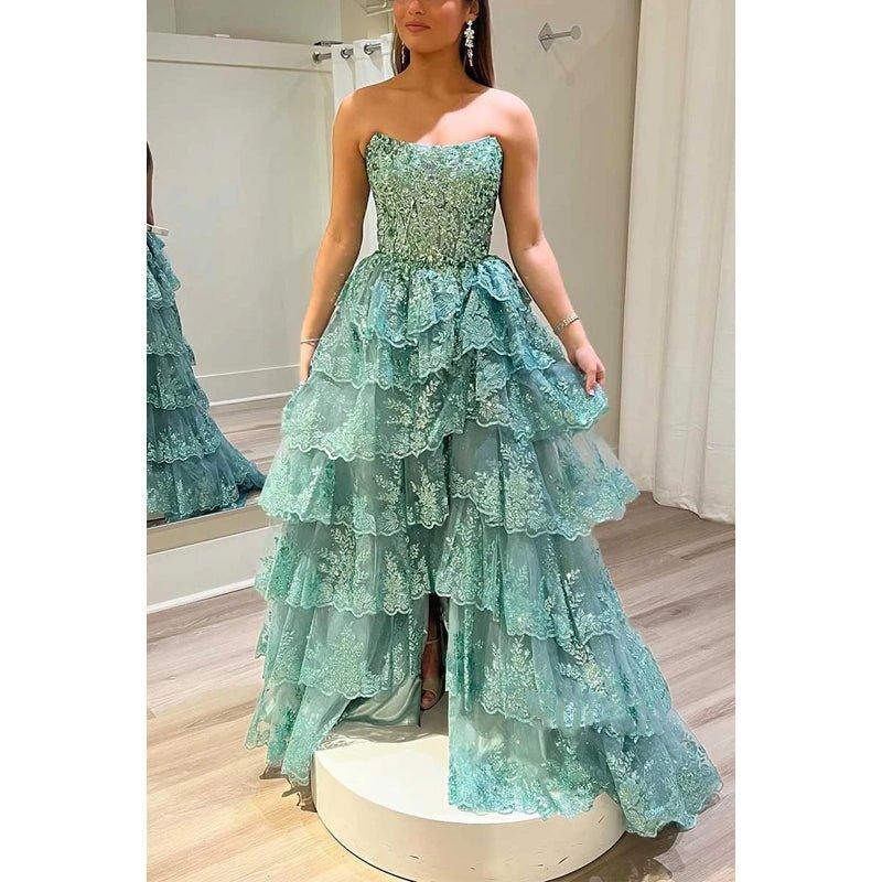 Vestido de fiesta de noche con encaje de encaje con cuentas y corte en A con abertura lateral 