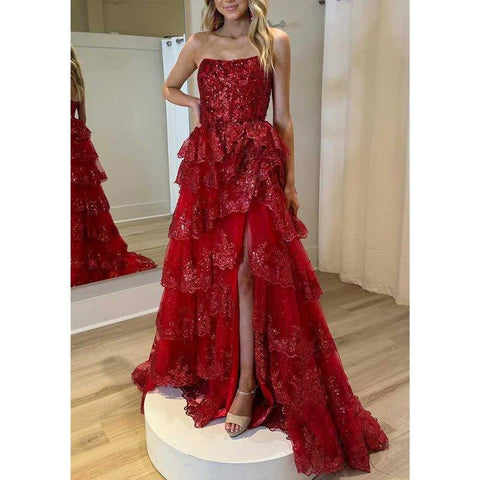 Vestido de fiesta de noche con encaje de encaje con cuentas y corte en A con abertura lateral 