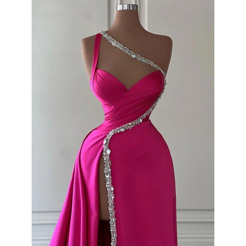 Vestido largo de noche de fiesta, corte A, con cuentas, un solo hombro, pliegues de satén rosa y abertura. 