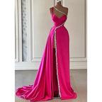 Vestido largo de noche de fiesta, corte A, con cuentas, un solo hombro, pliegues de satén rosa y abertura. 