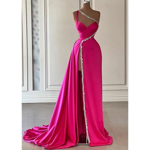 Vestido largo de noche de fiesta, corte A, con cuentas, un solo hombro, pliegues de satén rosa y abertura. 