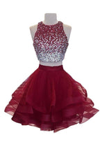 Vestido de fiesta de dos piezas de organza burdeos con top de cuentas y corte en A PD170