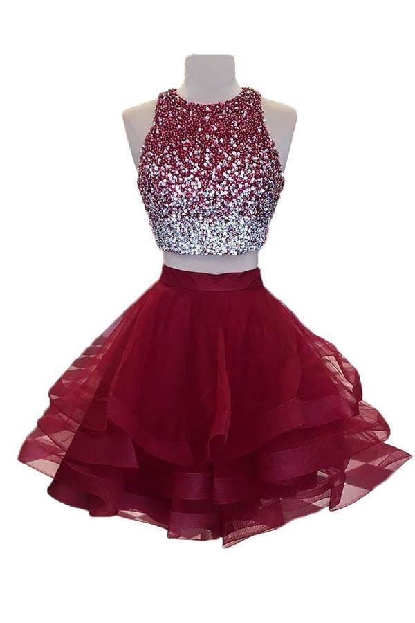 Vestido de fiesta de dos piezas de organza burdeos con top de cuentas y corte en A PD170