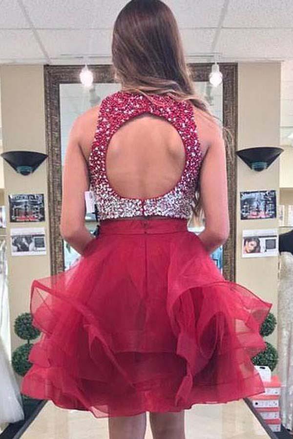 Vestido de fiesta de dos piezas de organza burdeos con top de cuentas y corte en A PD170