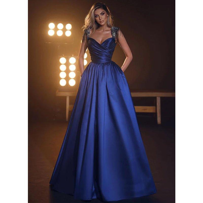 Vestido largo de fiesta de graduación con tirantes, corte en A, cuentas y bolsillos 