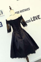 Vestidos de fiesta negros de corte A con mangas cortas y apliques de encaje PD134