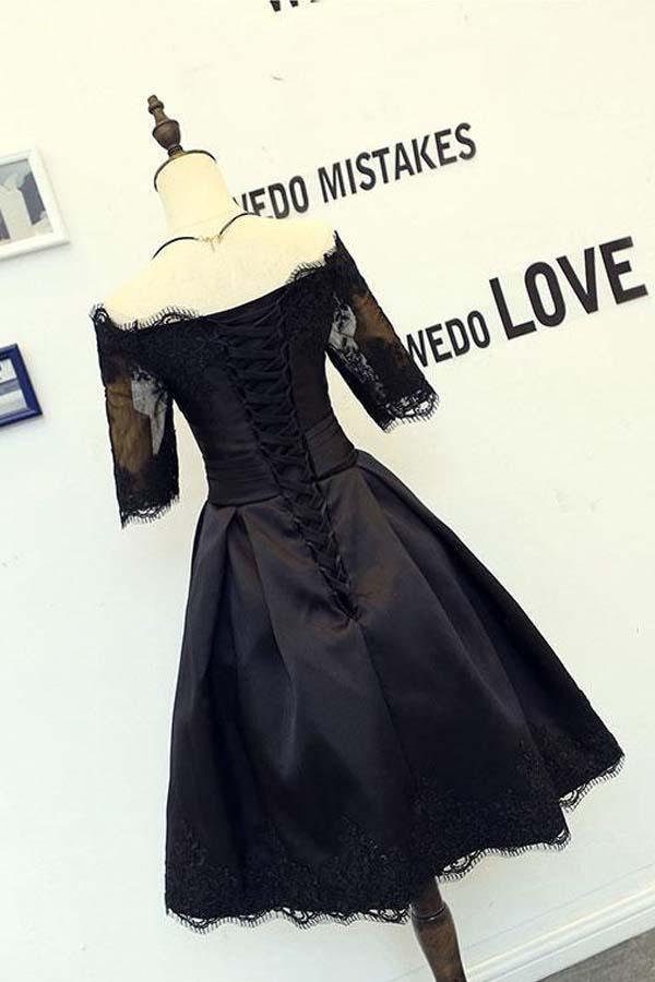 Vestidos de fiesta negros de corte A con mangas cortas y apliques de encaje PD134