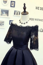 Vestidos de fiesta negros de corte A con mangas cortas y apliques de encaje PD134
