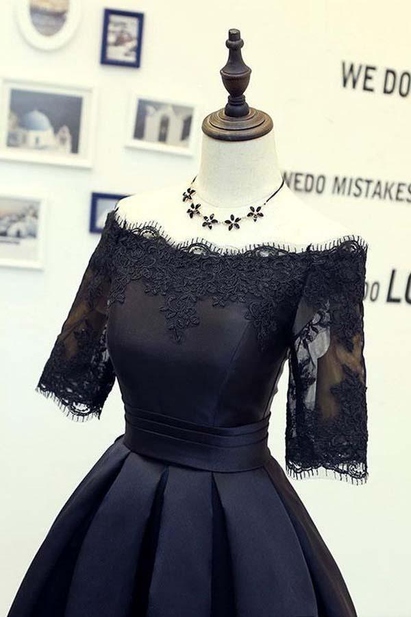 Vestidos de fiesta negros de corte A con mangas cortas y apliques de encaje PD134