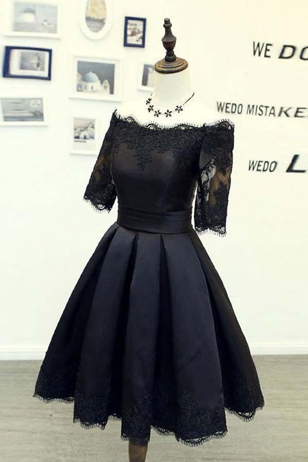 Vestidos de fiesta negros de corte A con mangas cortas y apliques de encaje PD134