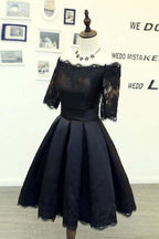 Vestidos de fiesta negros de corte A con mangas cortas y apliques de encaje PD134