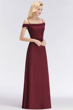 Vestido de dama de honor burdeos corte A, escote barco, largo hasta el suelo
