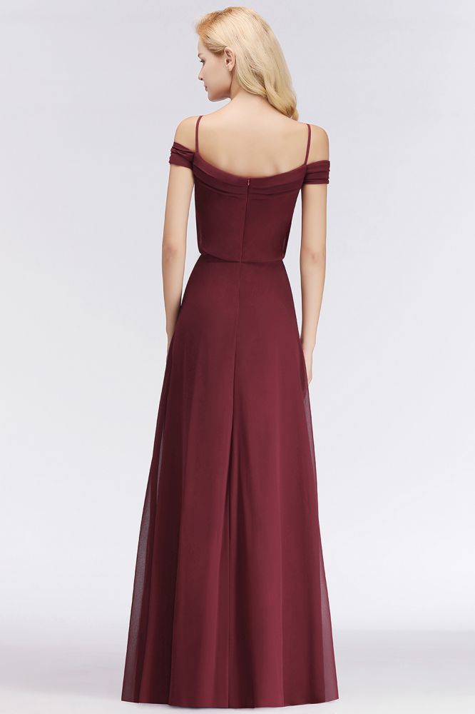 Vestido de dama de honor burdeos corte A, escote barco, largo hasta el suelo