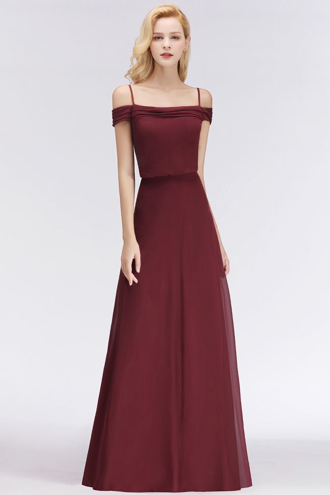 Vestido de dama de honor burdeos corte A, escote barco, largo hasta el suelo
