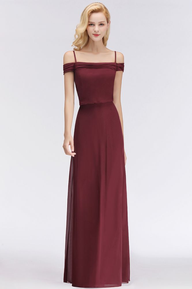 Vestido de dama de honor burdeos corte A, escote barco, largo hasta el suelo