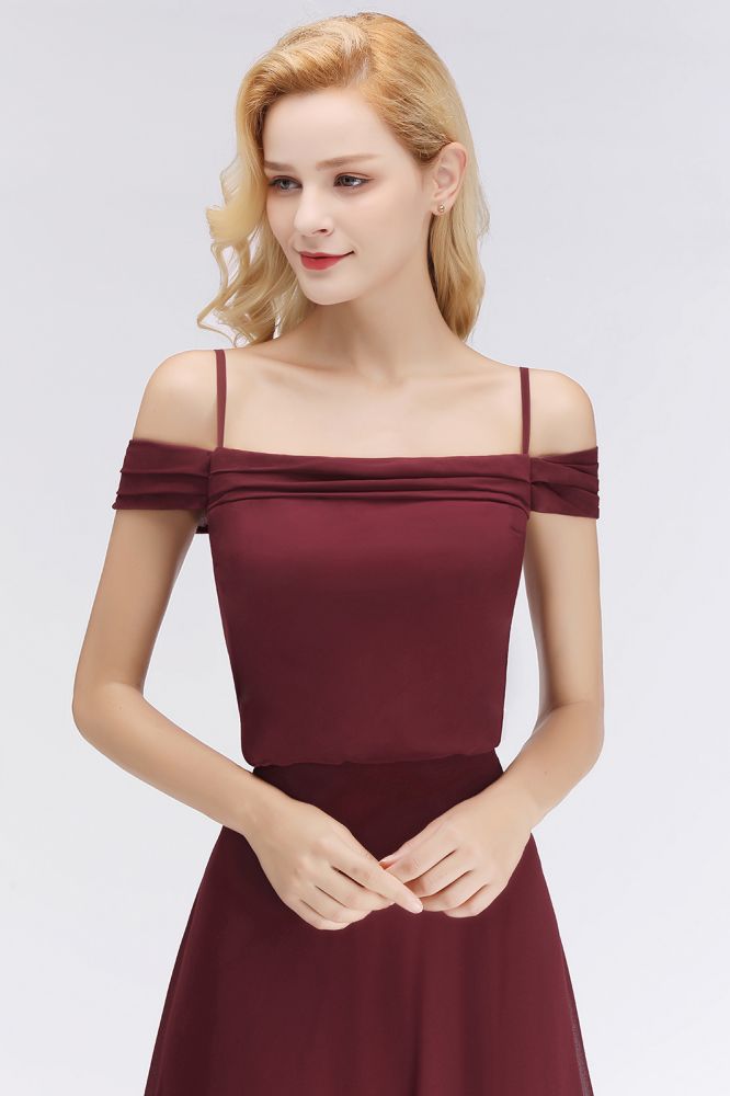 Vestido de dama de honor burdeos corte A, escote barco, largo hasta el suelo
