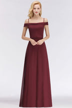 Vestido de dama de honor burdeos corte A, escote barco, largo hasta el suelo