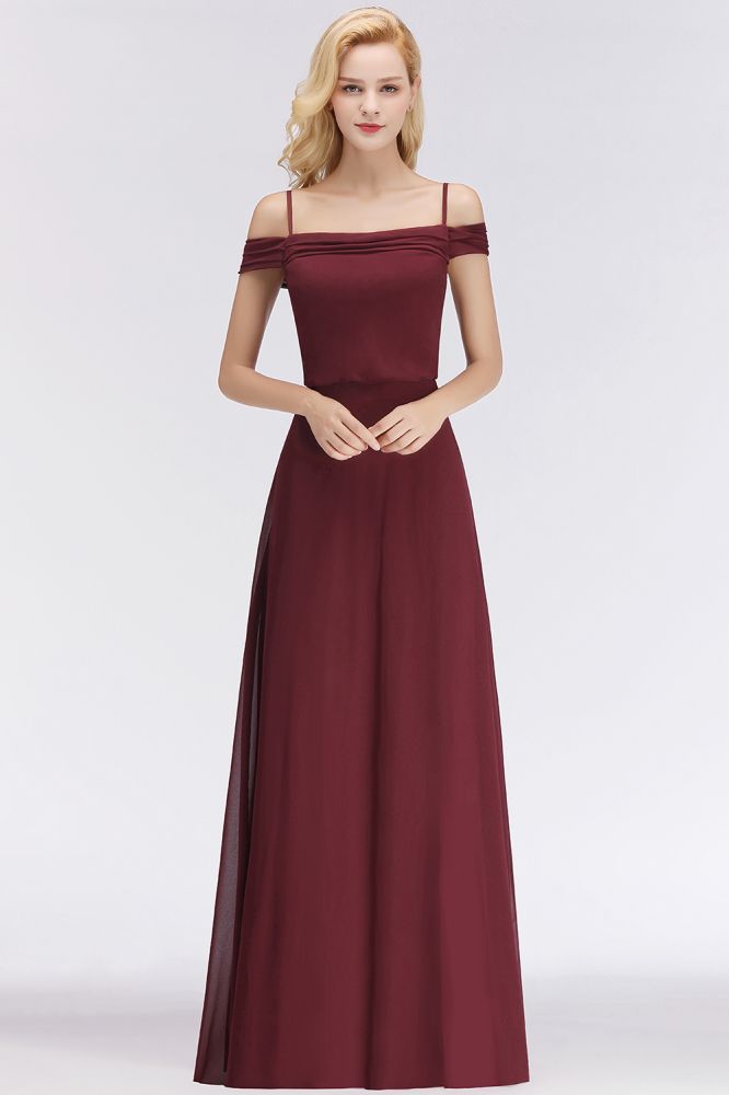 Vestido de dama de honor burdeos corte A, escote barco, largo hasta el suelo