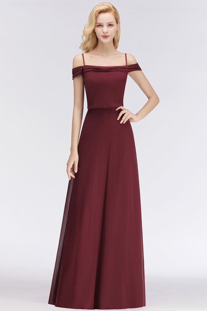 Vestido de dama de honor burdeos corte A, escote barco, largo hasta el suelo