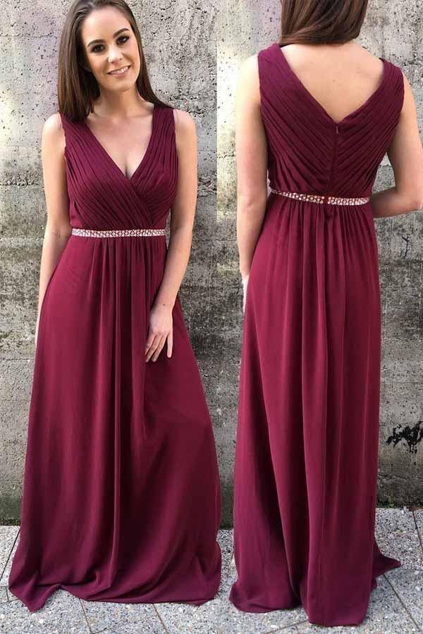 Vestidos de fiesta de gasa color burdeos corte A, vestidos largos de dama de honor BD059