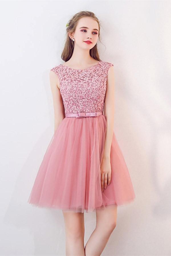 Vestido de fiesta de bienvenida con corte en A, mangas cortas, apliques, lazo y fajín de cristal PG154