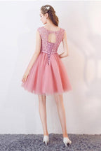 Vestido de fiesta de bienvenida con corte en A, mangas cortas, apliques, lazo y fajín de cristal PG154