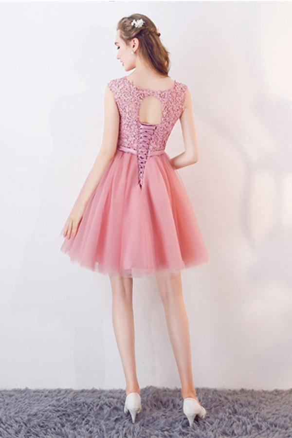 Vestido de fiesta de bienvenida con corte en A, mangas cortas, apliques, lazo y fajín de cristal PG154