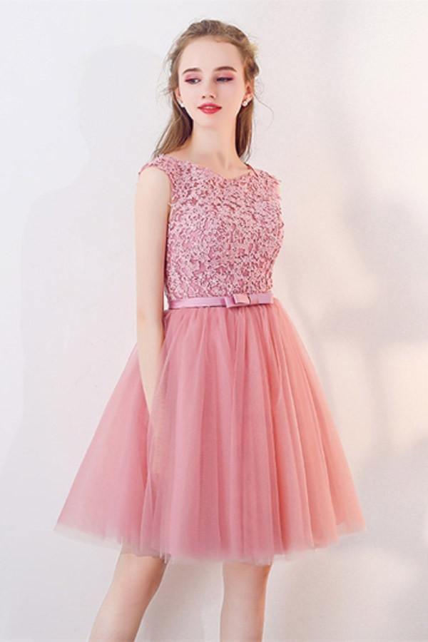 Vestido de fiesta de bienvenida con corte en A, mangas cortas, apliques, lazo y fajín de cristal PG154