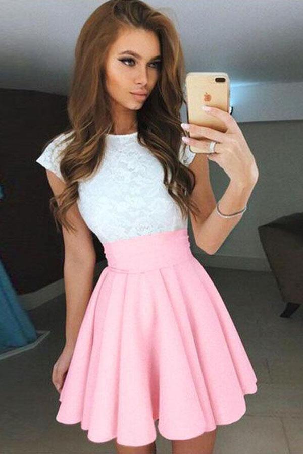 Vestido corto de fiesta de bienvenida, corte en A, mangas casquillo, gasa rosa perla con encaje PD092