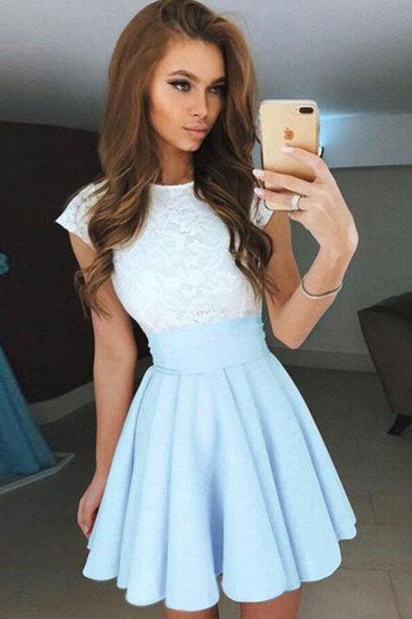Vestido corto de fiesta de bienvenida, corte en A, mangas casquillo, gasa rosa perla con encaje PD092