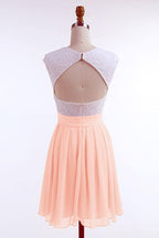 Vestido corto de fiesta de bienvenida, corte en A, mangas casquillo, gasa rosa perla con encaje PD092