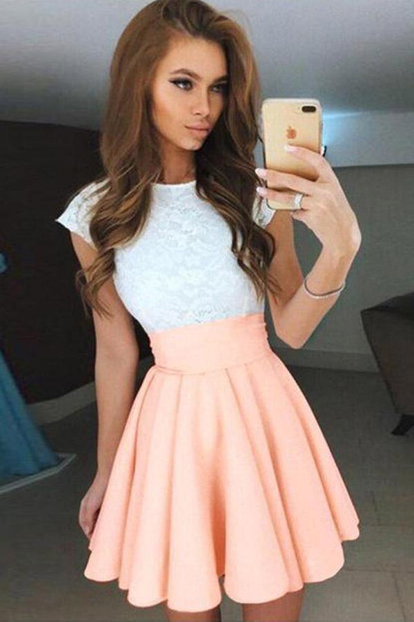 Vestido corto de fiesta de bienvenida, corte en A, mangas casquillo, gasa rosa perla con encaje PD092
