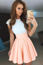 Vestido corto de fiesta de bienvenida, corte en A, mangas casquillo, gasa rosa perla con encaje PD092