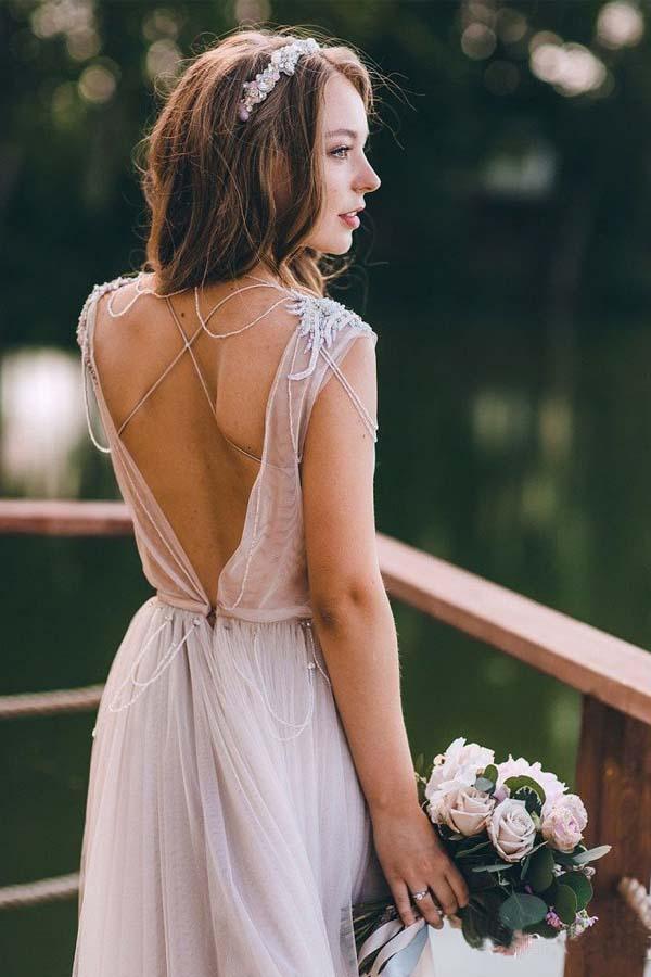Vestido de novia largo de tul plateado, corte línea A y mangas casquillo, para boda en la playa WD323