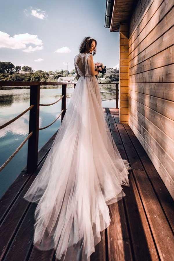 Vestido de novia largo de tul plateado, corte línea A y mangas casquillo, para boda en la playa WD323