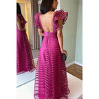 Vestido largo de noche formal fucsia, corte en A, mangas cortas, escote en V 