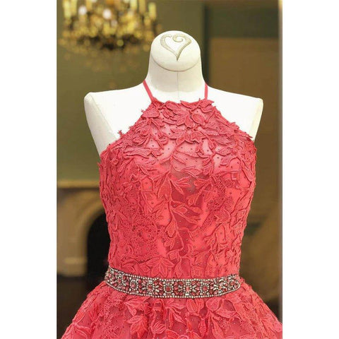 Vestido largo de fiesta elegante de corte A con escote halter y apliques de tul. Vestidos de noche formales. 