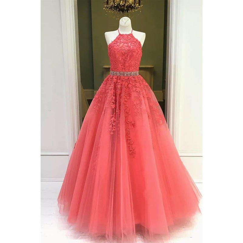 Vestido largo de fiesta elegante de corte A con escote halter y apliques de tul. Vestidos de noche formales. 