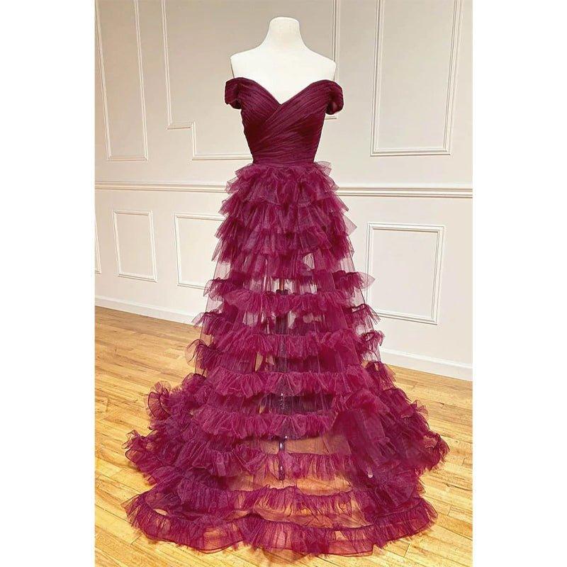 Vestido largo de fiesta de corte A, elegante, con hombros descubiertos y tul escalonado 