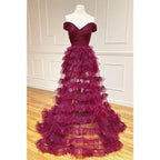 Vestido largo de fiesta de corte A, elegante, con hombros descubiertos y tul escalonado 