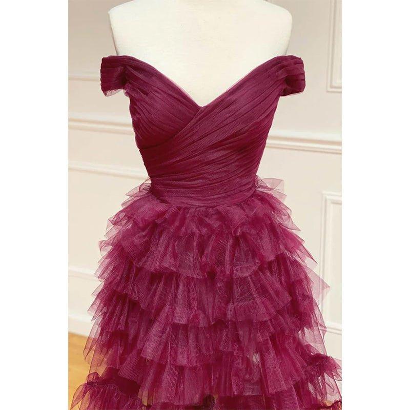 Vestido largo de fiesta de corte A, elegante, con hombros descubiertos y tul escalonado 